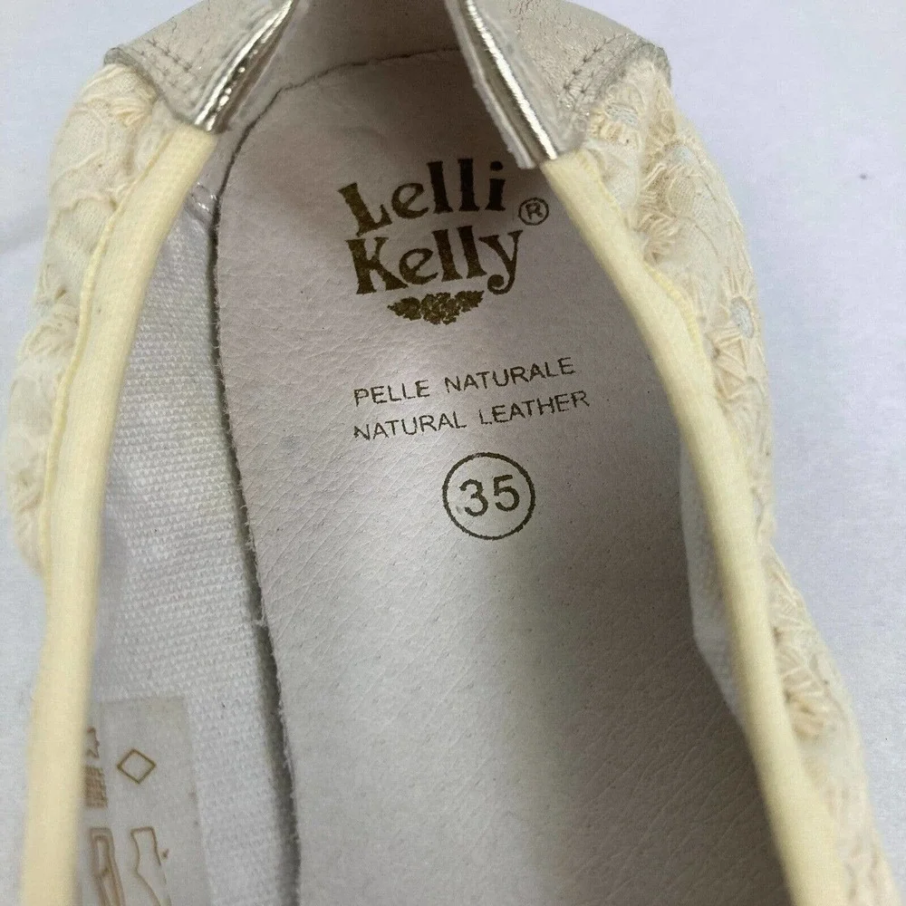 Lelli Kelly‎ Shoes Girls Sz 4.5 Ivory Eyelet Gold Leather Ballet Flats Cap Toe